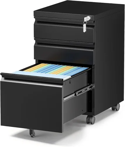 Vista 34 de Archivador de metal con 2 cajones con cerradura, gabinete archivador con soporte para impresora móvil y estantes para archivos de tamaño Negro