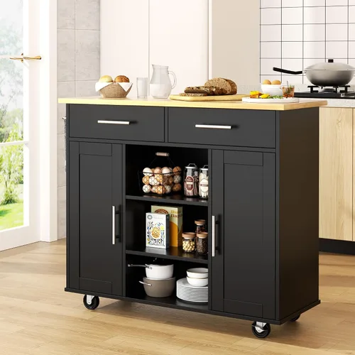 Vista 23 de Shintenchi - Carrito de isla de cocina con almacenamiento, mesa rodante Negro-22 pulgadas