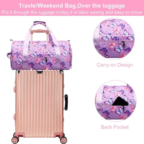 Vista 4 de Bolsa de viaje para gimnasio para niñas, bolsa de gimnasia deportiva con compartimento para zapatos y bolsillo húmedo, bolsa de viaje para niños