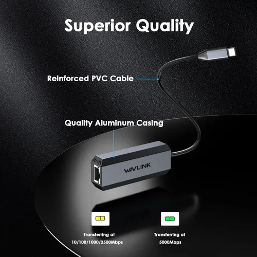 Vista 3 de Adaptador USB C a Ethernet de 5 Gbps WAVLINK Adaptador de red Ethernet LAN Gigabit USB tipo C a RJ45 para Windows, Mac OS, iPad OS y más