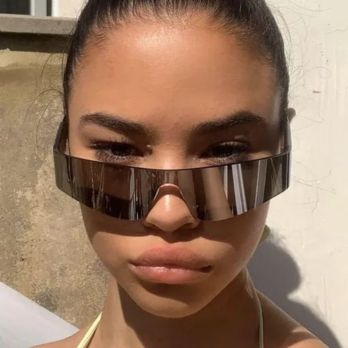 Vista 4 de Kursan Gafas de sol envolventes para mujeres y hombres, de una pieza, sin marco, parte superior plana, gafas de protección Y2K futuristas con espejo