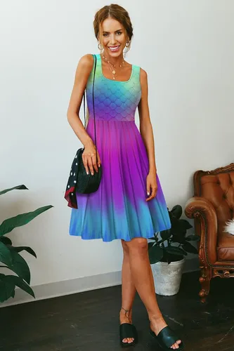 Vista 4 de uideazone - Vestido de mujer sin mangas cuello redondo de verano para playa casual Midi línea A