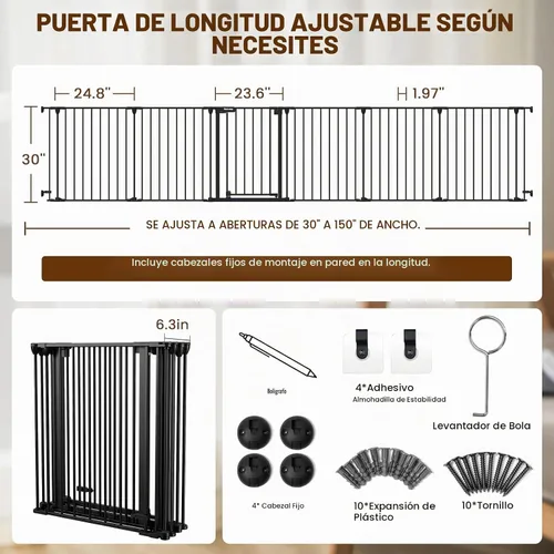 Vista 2 de Puerta extra ancha para bebés de 150 pulgadas, puerta de seguridad infantil para patio de juegos, puertas para perros con puerta de cierre