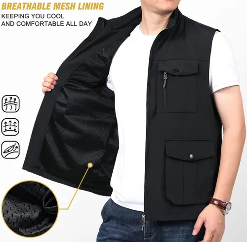Vista 3 de LOUECHY Chaleco de viaje para hombre, con múltiples bolsillos, ligero, sin mangas, para senderismo, pesca, golf