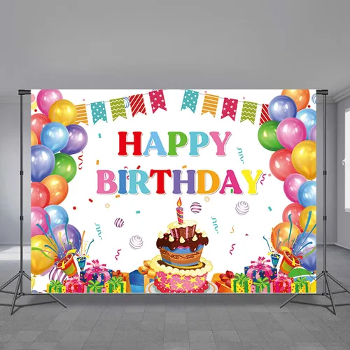 Vista 9 de Cartel de feliz cumpleaños, telón de fondo de globos coloridos para fiestas de niños, pasteles de colores grandes, fotografía, telón de fondo