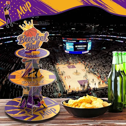 Vista 7 de Soporte para cupcakes de baloncesto MVP de 3 niveles con temática de baloncesto, decoración de fiesta de cumpleaños, torre de cupcakes