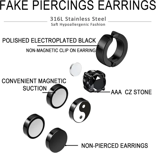 Vista 3 de Aretes negros para hombre, 4 pares de aretes de acero quirúrgico, hipoalergénicos Aritos para Hombre, juego de aretes negros para hombre y mujer