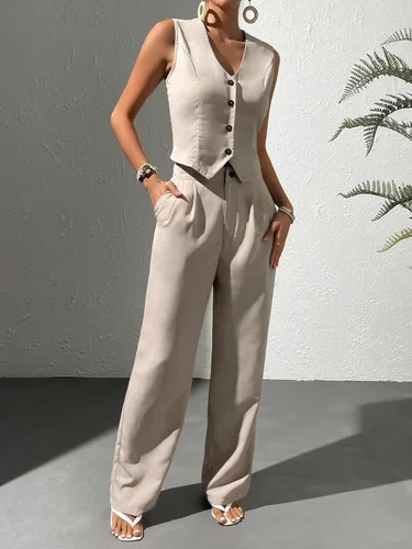 Vista 3 de WDIRARA Conjunto de 2 piezas para mujer, chaleco con botones frontales, sin mangas, cuello en V, chaqueta y pantalones