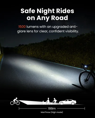 Vista 3 de Magicshine Luz de bicicleta RN 1500S, luces de bicicleta para conducción nocturna con montaje inferior, control FTR LightSync, recargable por USB