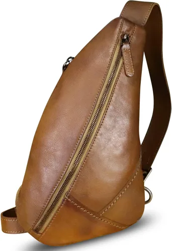 Vista 2 de LRTO Bolso de cuero genuino para mujeres y hombres, mochila de cuero vintage para el hombro, bolso cruzado en el pecho, marrón oscuro, Mochilas Sling