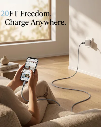 Vista 5 de Meokse Cable USB A a USB-C extralargo de 20 pies, nailon trenzado de alta densidad, conector de aluminio extendido, juego de sofá y potencia lejana