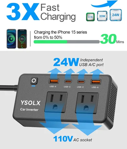 Vista 2 de Inversor de Corriente para Automóvil de 300W - YSOLX Adaptador Dual de Salida de Automóvil DC 12V a AC 110V a Enchufe de Pared, Carga Rápida USB-C