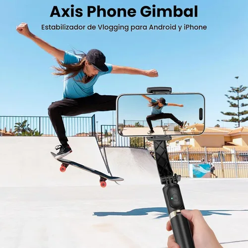 Vista 3 de Estabilizador de cardán para smartphone, cardán de mano de equilibrio automático de 1 eje, trípode extensible giratorio de 360°, control remoto Negro