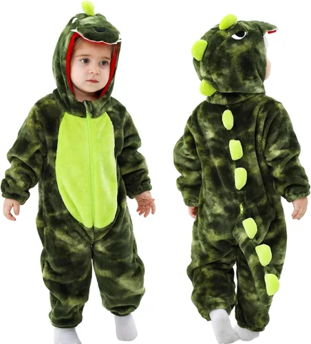 Vista 9 de LOLANTA Disfraz de dinosaurio para niños pequeños, unisex, de franela con capucha, mameluco de disfraz