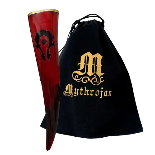 Vista 14 de Mythrojan Cuerno vikingo para beber 100% natural, auténtico, decoración de latón, cuerno nórdico con funda de cuero negro, bolsa de lona para vino
