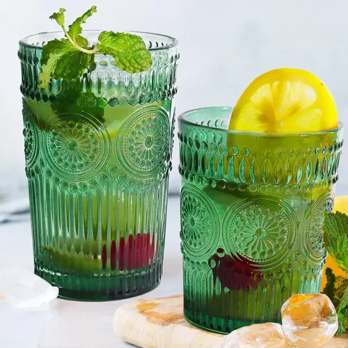 Vista 11 de Loivttvv Juego de 12 vasos vintage para beber, vasos highball de 12 oz y vasos de cristalería acanalados en relieve de 9 oz para cóctel de Acción