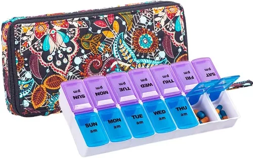 Vista 10 de Organizador Semanal de Pastillas 2 Veces al Día, Pastillero Zumd de 7 Días con Bonita Funda de Tela Acolchada con Cremallera, Estuche de Pastillas