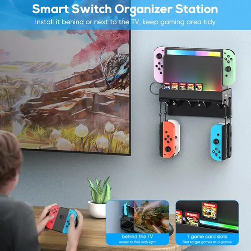Vista 6 de WOLIBEAR Kit de montaje en pared para Nintendo Switch y Switch OLED, soporte de pared para consola Switch con 7 soportes para tarjetas de juego y 4