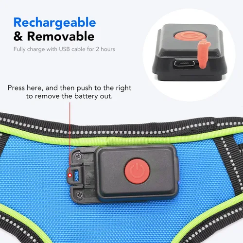 Vista 4 de Arnés de seguridad LED para perro, chaleco con luz para perro, arnés sin tirones, arnés recargable brillante para mascotas para caminar por la noche