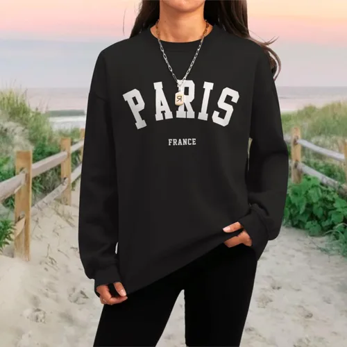 Vista 5 de Tuislay Paris College - Camiseta para mujer, de gran tamaño, moderna, cómoda, cuello redondo, informal, con gráficos, sin botones, unisex, Negro