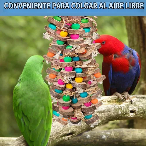 Vista 4 de Juguetes de pájaros grandes para guacamayos, bloques de madera multicolor juguete para masticar pájaros, jaula de loro, juguete de mordida