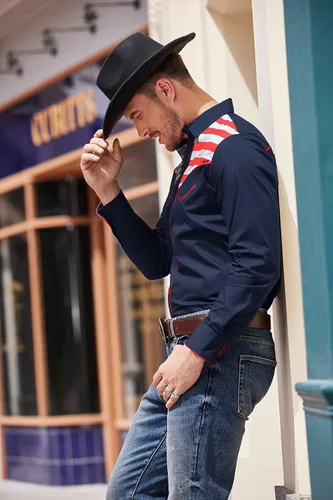 Vista 4 de COOFANDY Camisa casual de manga larga con botones y bandera americana para hombre
