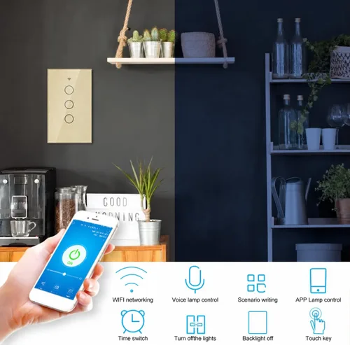 Vista 3 de Interruptor de pared inteligente WiFi, cableado neutro y sin neutro, dorado