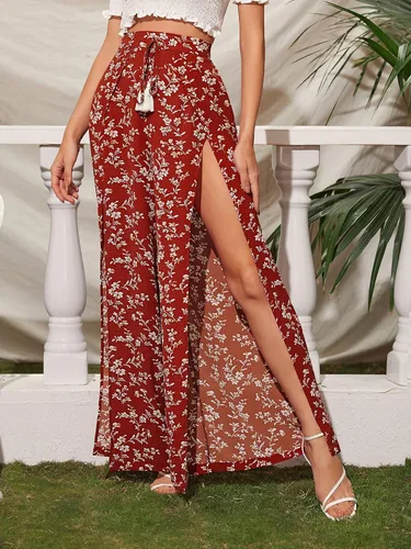 Vista 3 de Floerns Pantalones largos con lazo frontal y pierna ancha para mujer