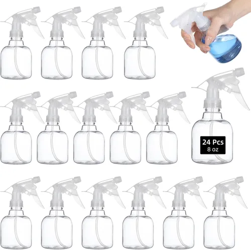 Vista 2 de 24 botellas de spray recargables, pequeñas botellas de plástico de 8 onzas con boquillas ajustables para jardinería, cuidado del cabello, limpieza