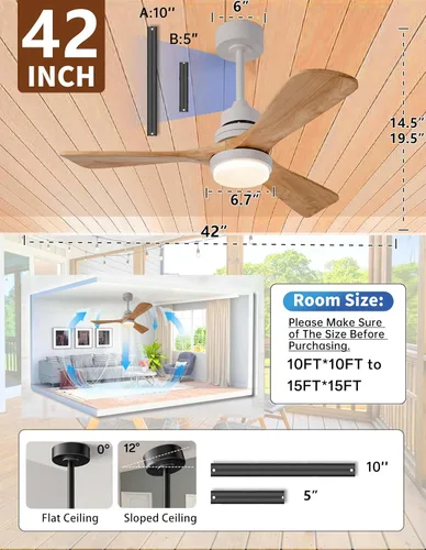 Vista 8 de Ventilador de techo de madera natural de 42 pulgadas con luces y control remoto, ventilador de 3 aspas para exteriores/interiores para patio y sala