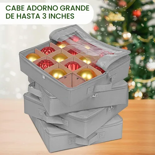 Vista 5 de ProPik 4 cajas de almacenamiento de adornos navideños con divisores, cierre de cremallera superior transparente, 4 bandejas individuales para Gris