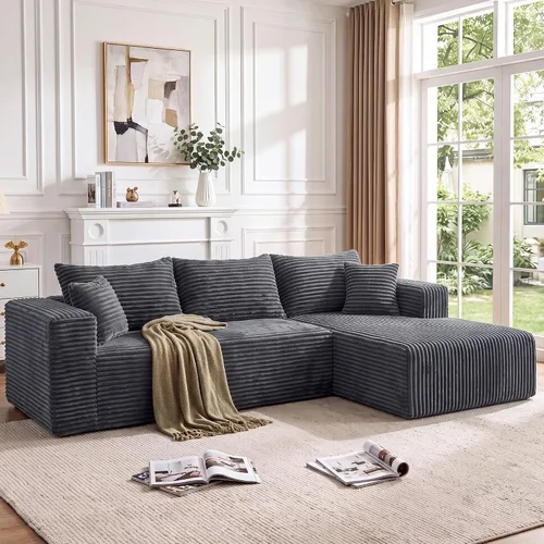 Vista 16 de Sofá modular en forma de L para sala de estar, sofá modular sin huesos con diván, sofá de pana con asiento profundo, no requiere montaje, negro
