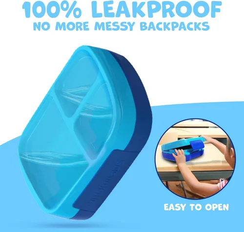 Vista 6 de Umami Lonchera Bento todo en 1 para niños, paquete de hielo y utensilios incluidos, 100% a prueba de fugas y sin BPA, lonchera favorita de los Azul