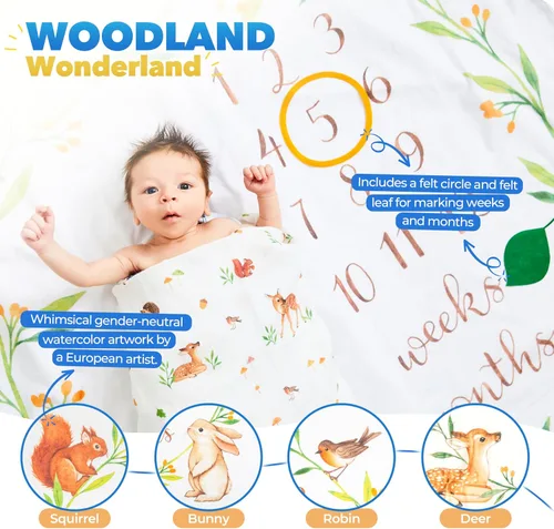 Vista 4 de Bubzi Co Manta mensual de hitos para bebé, manta de fotos de bosque suave para bebé niño y niña, manta de cama de guardería, artículos esenciales