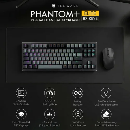 Vista 2 de TECWARE Phantom+ Elite Teclado mecánico RGB de 87 teclas para juegos 3 modos Bluetooth inalámbrico 5.0, 2.4 GHz y USB-C con cable 5 pines