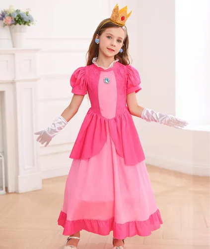 Vista 2 de Luzlen Princess Peach Costume for Girls Kids Toddler Princess Peach Cosplay Dress With Accessories Halloween Birthday Outfits