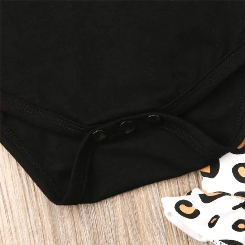 Vista 5 de DuAnyozu Conjunto de 3 piezas de ropa para bebés y niñas, lindo mameluco con estampado de leopardo, pantalones cortos de verano