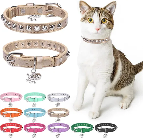 Vista 16 de Collares de cuero DILLYBUD para gatos macho y hembra con campana y cinturón elástico de seguridad, collar ajustable con hebilla de seguridad