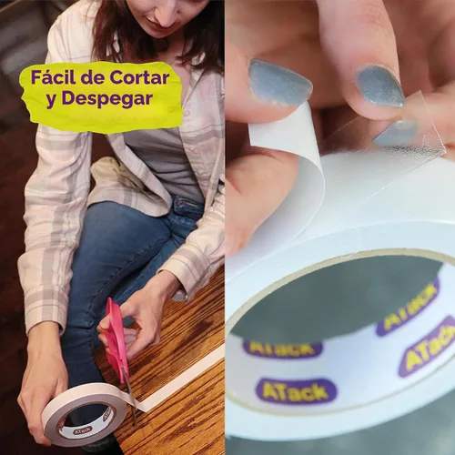 Vista 5 de ATack Cinta transparente extra adhesiva de doble cara, extraíble, 2 pulgadas x 20 yardas, segura para pared, cinta de tela autoadhesiva de doble