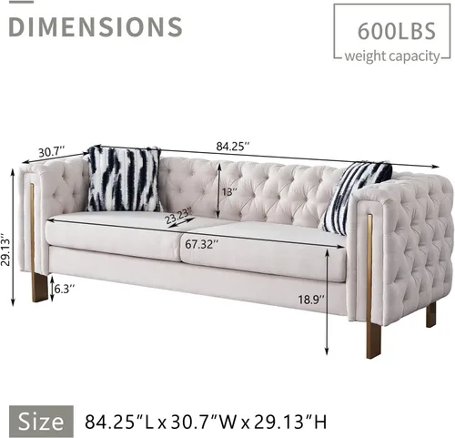 Vista 8 de Sofá moderno para sala de estar, sofá tapizado de lino de 84 pulgadas con botones copetudos, 2 almohadas y patas de metal, muebles decorativos