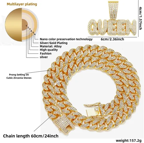 Vista 4 de Cadena chapada en oro/plata de 2 piezas con colgante de cadena cubana, collar de alfabeto hip hop de diamantes completos