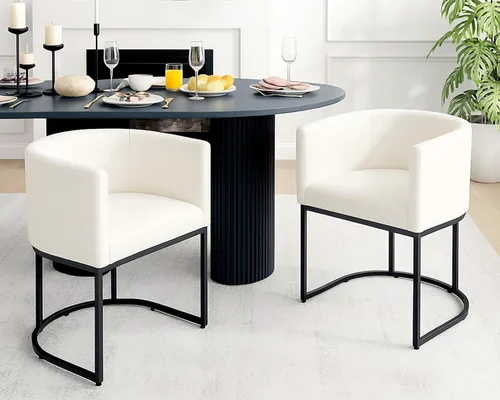 Vista 33 de HNY Silla de comedor moderna de mediados de siglo tapizada en forma de barril, negra, con brazos, silla de cocina y comedor de cuero, silla auxiliar