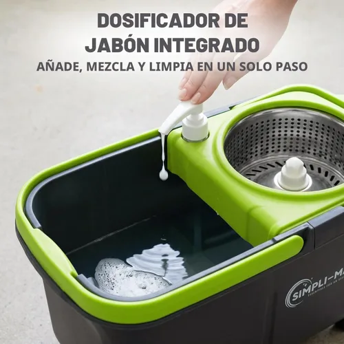 Vista 4 de SIMPLI-MAGIC Trapeador giratorio de 360° y cubo con escurridor - 3 cabezales lavables de microfibra de alta absorción, dispensador de jabón - Juego