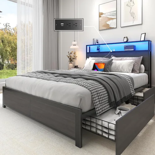 Vista 12 de Lifezone Base de cama Queen con cabecera de almacenamiento de 2 niveles, base de cama de plataforma de metal con 4 cajones de almacenamiento, gris