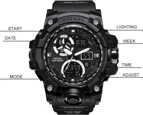 Vista 2 de Reloj analógico de cuarzo para hombre con doble pantalla y alarma digital con iluminación LED Negro