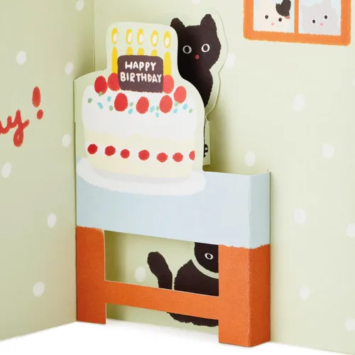 Vista 4 de Hallmark Tarjeta de cumpleaños desplegable (gato y amigo con pastel de cumpleaños)