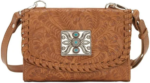 Vista 5 de American West Handcrafted Leather Texas Two Step Small Crossbody/Wallet – Hand Tooled 100% Genuine Leather Western Bag Carbón