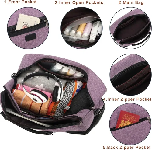 Vista 6 de Bolsa de fin de semana, bolsa de fitness de lona para mujer, bolsa de equipaje, bolsa de viaje grande con compartimento para zapatos, juego de tres