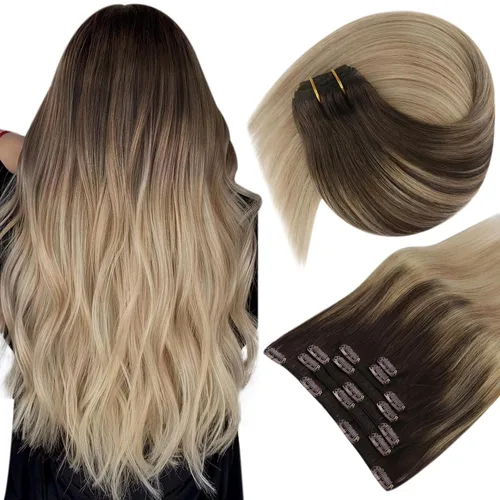 Vista 18 de Ve Sunny Extensiones de cabello clip-in de cabello humano real con reflejos, extensiones de cabello con clip para cabello corto, marrón oscuro