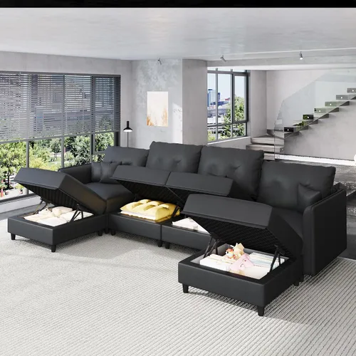 Vista 5 de LLappuil Sofá cama modular en forma de U de 6 plazas con almacenamiento, asiento profundo de piel sintética para sala de estar, impermeable y Negro